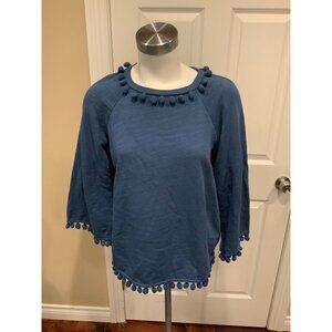 Boden Blue Long Sleeve Crew Neck Sweatshirt w/ Pom-Pom Trim, Size 6